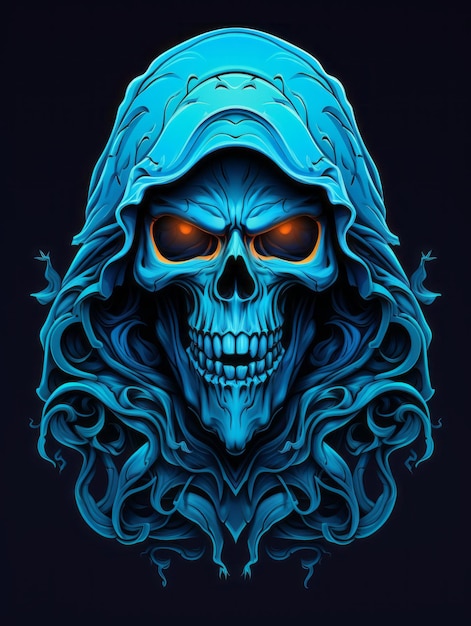 ein blauer Totenkopf mit leuchtenden Augen auf dunklem Hintergrund