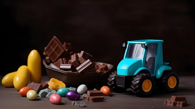 Ein blauer Traktor steht vor einer Schüssel Pralinen.