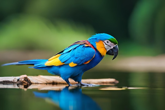 Ein blauer und gelber Ara sitzt auf einem Baumstamm in einem tropischen Dschungel.