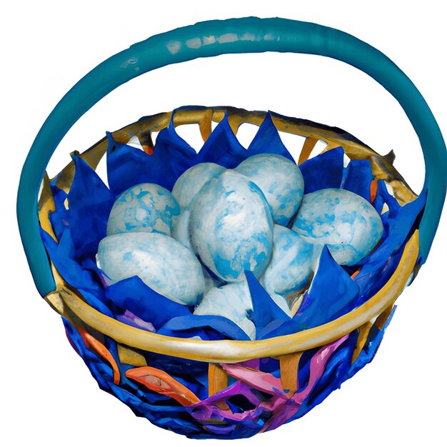 Ein blauer und gelber Eierkorb mit einem blauen Band um ihn herum.