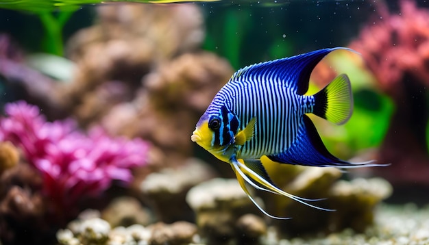 ein blauer und gelber Fisch in einem Aquarium mit einem gelben Fisch darin