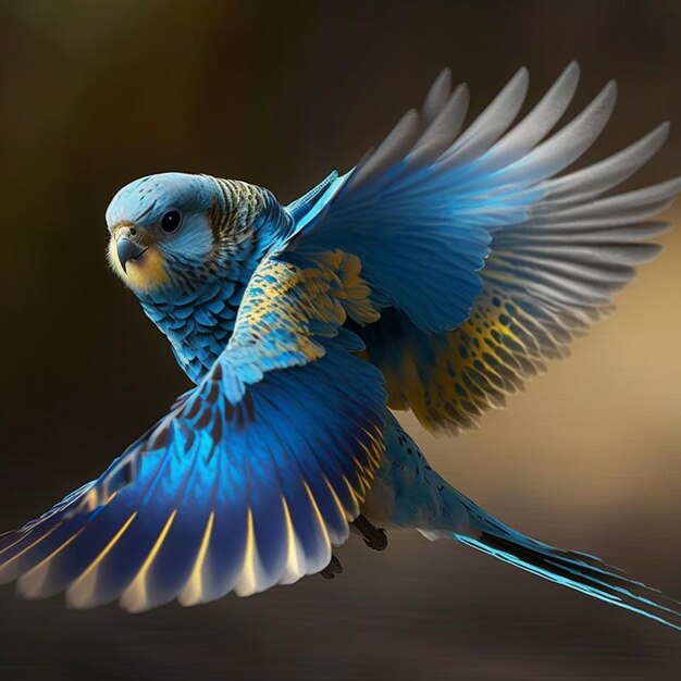 ein blauer und gelber Vogel fliegt mit ausgebreiteten Flügeln in der Luft