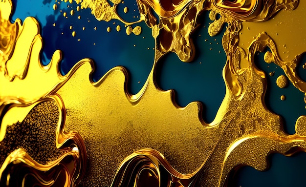 Ein blauer und goldener Hintergrund mit einem Spritzer Flüssigkeit.