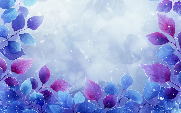Ein blauer und lila blättriger Hintergrund mit einem lila Blatt im Vordergrund