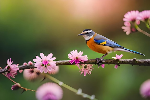 Ein blauer und orangefarbener Vogel sitzt auf einem Zweig mit rosa Blumen.