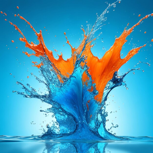 Ein blauer und orangefarbener Wasserspritzer mit blauem Hintergrund und Wasserstruktur