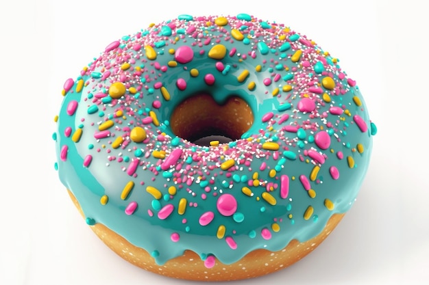 Ein blauer und rosa Donut mit bunten Streuseln darauf.