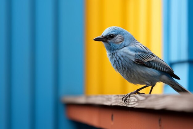 ein blauer Vogel, der am Rand eines Holzgeländers sitzt