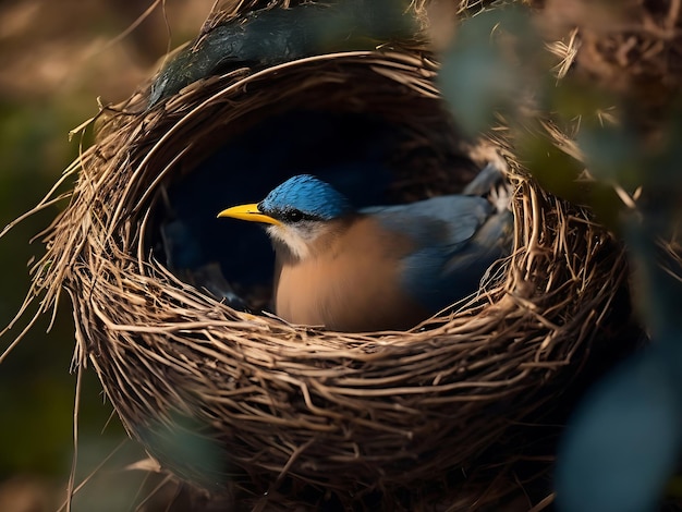 ein blauer Vogel in einem Nest