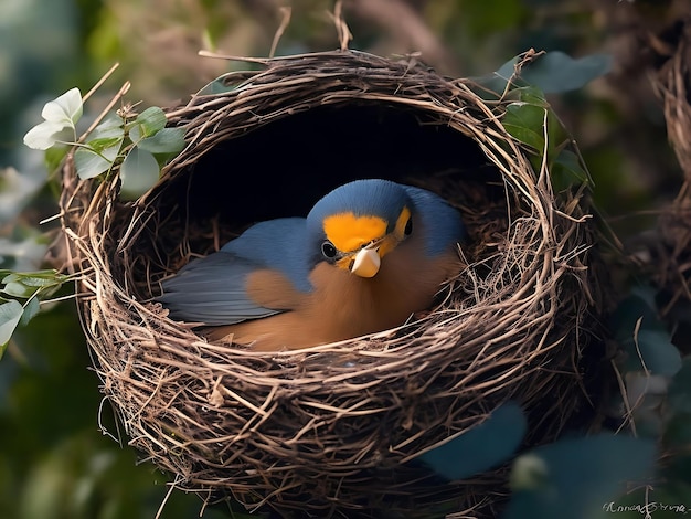 ein blauer Vogel in einem Nest