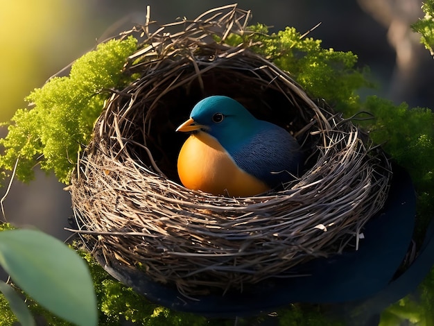 ein blauer Vogel in einem Nest