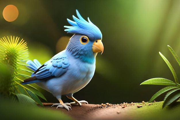Ein blauer Vogel mit einer leuchtend blauen Feder auf dem Kopf steht auf einem Ast.