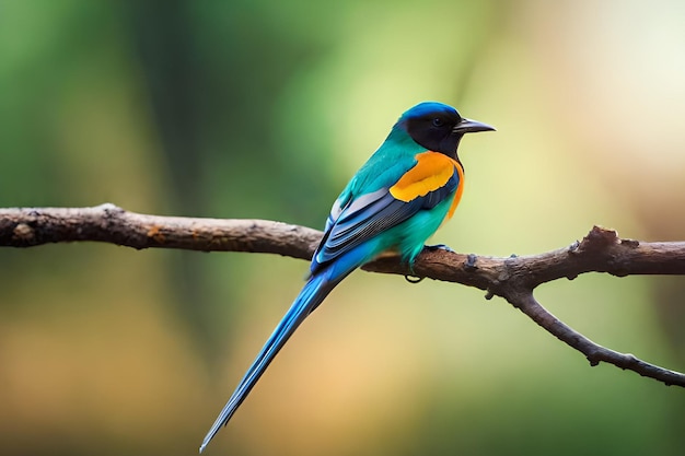 Ein blauer Vogel sitzt auf einem Ast mit verschwommenem Hintergrund.