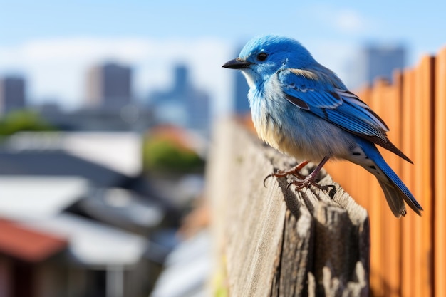 Ein blauer Vogel sitzt auf einem Holzzaun mit einer Stadt im Hintergrund