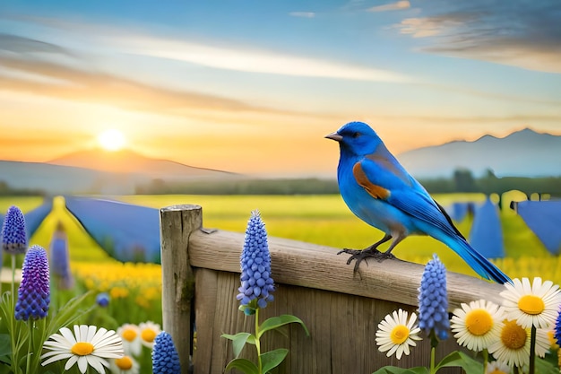 Ein blauer Vogel sitzt auf einem Zaun mit Blumen im Hintergrund