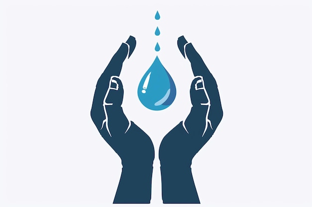 ein blauer Wassertropfen mit den Worten "Hände im Wasser"
