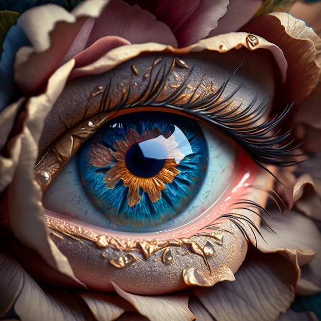 Ein blaues Auge mit einer Blume darauf