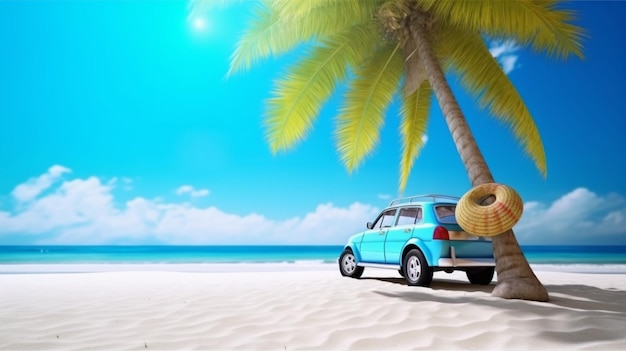 Ein blaues Auto am Strand mit einer Palme im Hintergrund