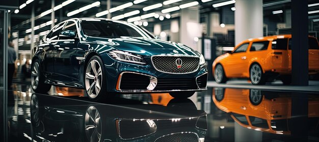 Ein blaues Auto parkt in einem Autosalon im Stil dynamischer und dramatischer Kompositionen