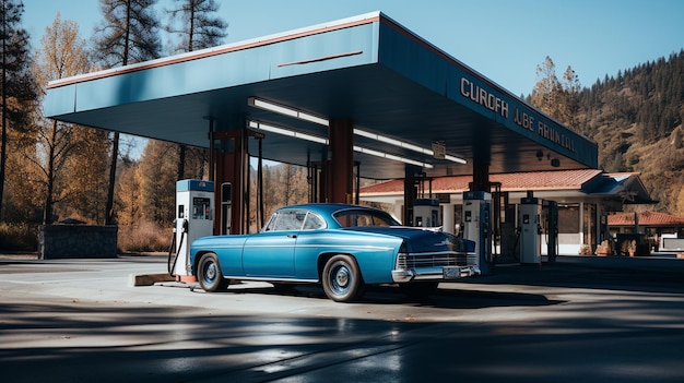 Ein blaues Auto parkt vor einer Tankstelle.