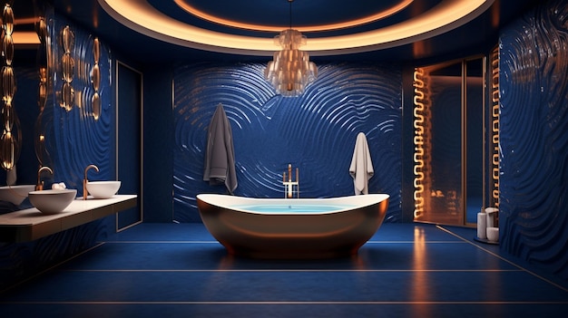 Ein blaues Badezimmer mit Badewanne und Leuchte.