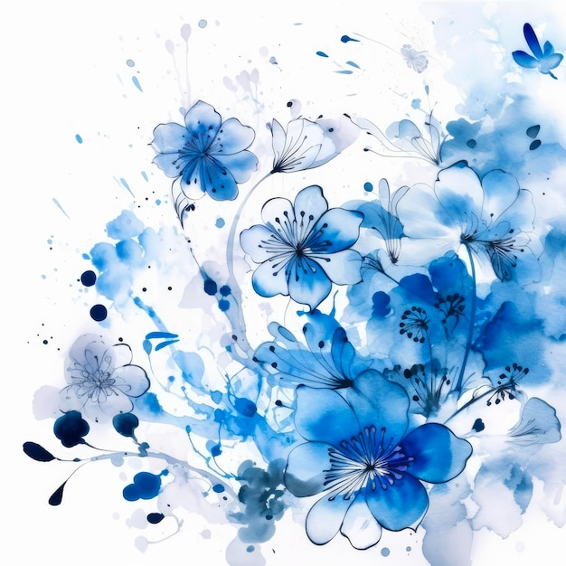 Ein blaues Blumengemälde mit einem schwarzen Schmetterling auf der linken Seite.