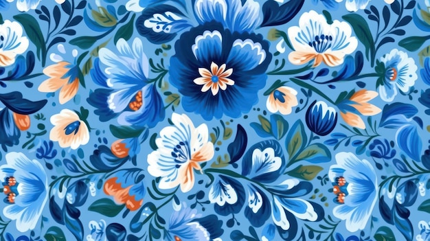 Ein blaues Blumenmuster mit weißen Blumen auf blauem Hintergrund.