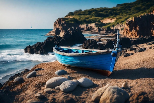 ein blaues Boot ist am Strand und auf dem Sand