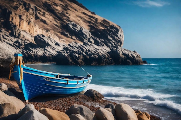 ein blaues Boot ist am Strand und das Wasser ist blau