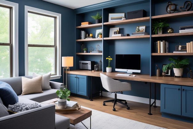 ein blaues Büro mit einem Schreibtisch und einem Fenster mit einer Pflanze auf dem Regal.