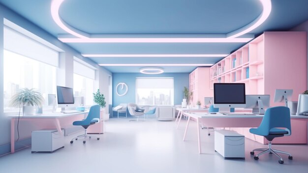 Ein blaues Büro mit einer rosa Decke und einem blauen