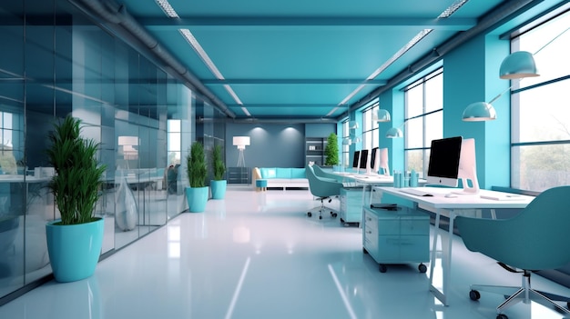 Ein blaues Büro mit weißem Boden und einem blauen Schreibtisch mit einer Pflanze in der Mitte.