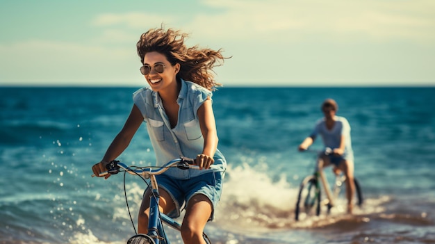 Ein blaues Fahrrad an einem Strand neben dem Ozean geparkt