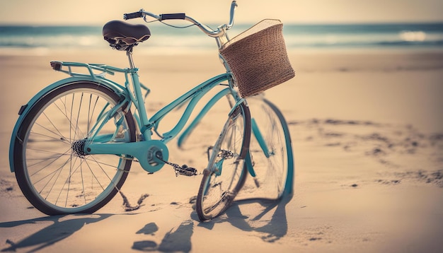 Foto ein blaues fahrrad ist am strand mit dem wasser im hintergrund