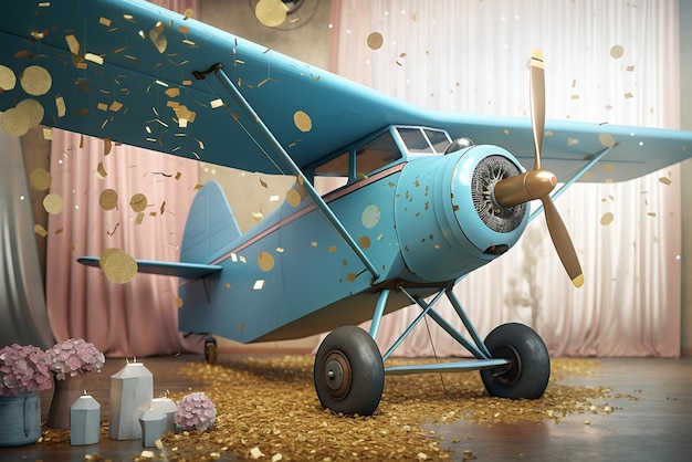 Ein blaues Flugzeug mit Goldfarbe und einem Blumenstrauß aus Gold im Hintergrund.