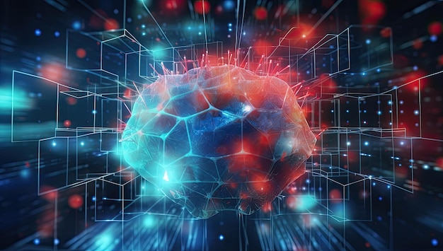 Ein blaues Gehirn, umgeben von Punkten und Verbindungen im Stil einer leuchtenden Atmosphäre, hellschwarz und himmelblau, generative KI
