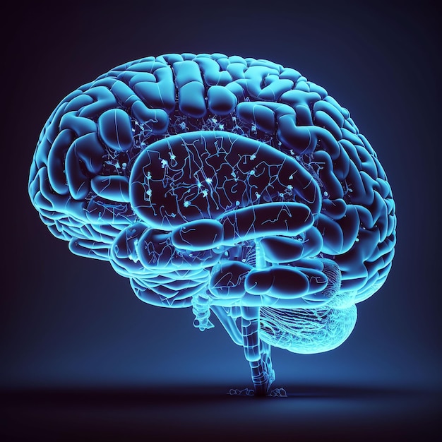 Ein blaues Gehirn wird mit dem Wort Gehirn darauf gezeigt.
