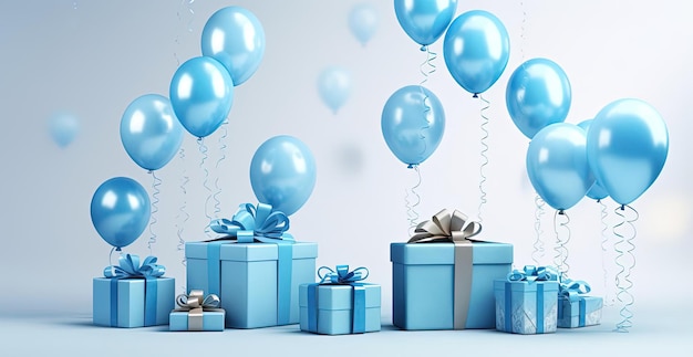 ein blaues geschenk und luftballons, die nebeneinander stehen