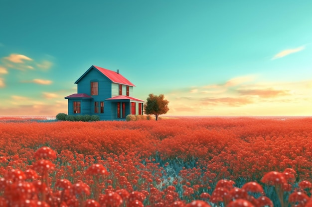 Ein blaues Haus in einem Feld voller roter Blumen