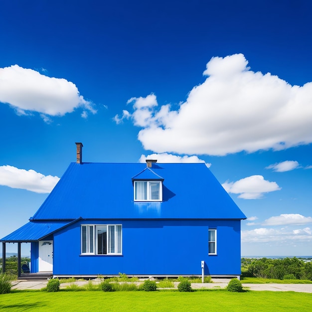 Ein blaues Haus mit blauem Dach steht auf einer Wiese.