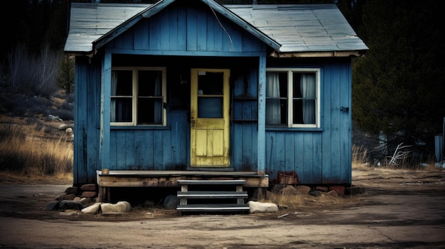 Foto ein blaues haus mit gelber tür und stufen ai