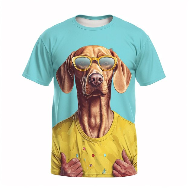 Ein blaues Hemd mit einem Hund, der ein gelbes Hemd mit der Aufschrift „Dobermann“ trägt