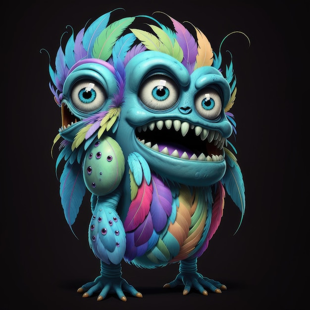 Ein blaues Monster mit grünem Kopf und violetten Federn auf der Unterseite