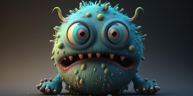 Ein blaues Monster mit lila Augen und lila Augen ist auf einem dunklen Hintergrund