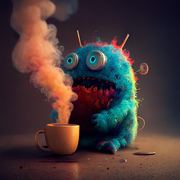 Ein blaues Monster sitzt neben einer Tasse Kaffee.