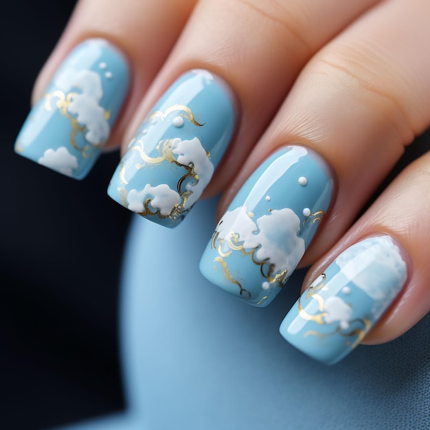 ein blaues Nailart-Design mit Wolken und dem Mond