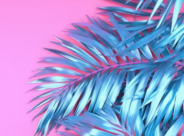 Ein blaues Palmblatt auf rosa Hintergrund