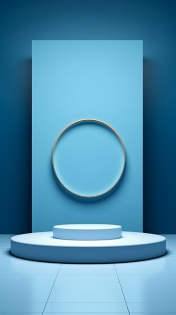 Ein blaues Podium mit einem kreisförmigen Spiegel darauf in einem Raum mit generativer KI