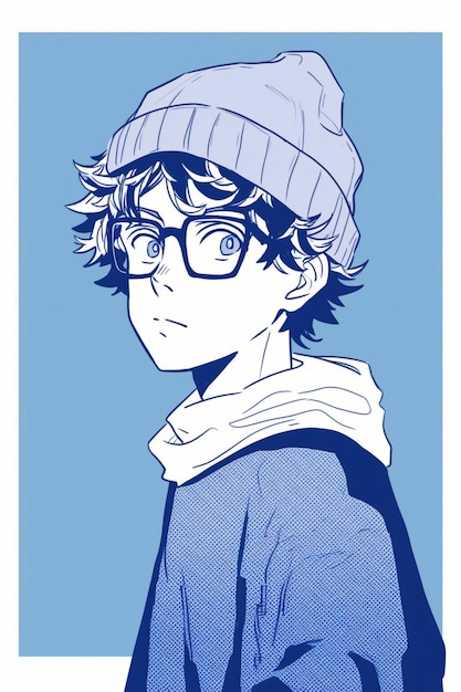 Ein blaues Poster mit einem Jungen mit Brille und Hut.