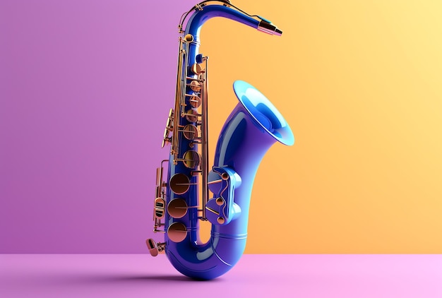 Ein blaues Saxophon steht auf rosa und lila Hintergrund.